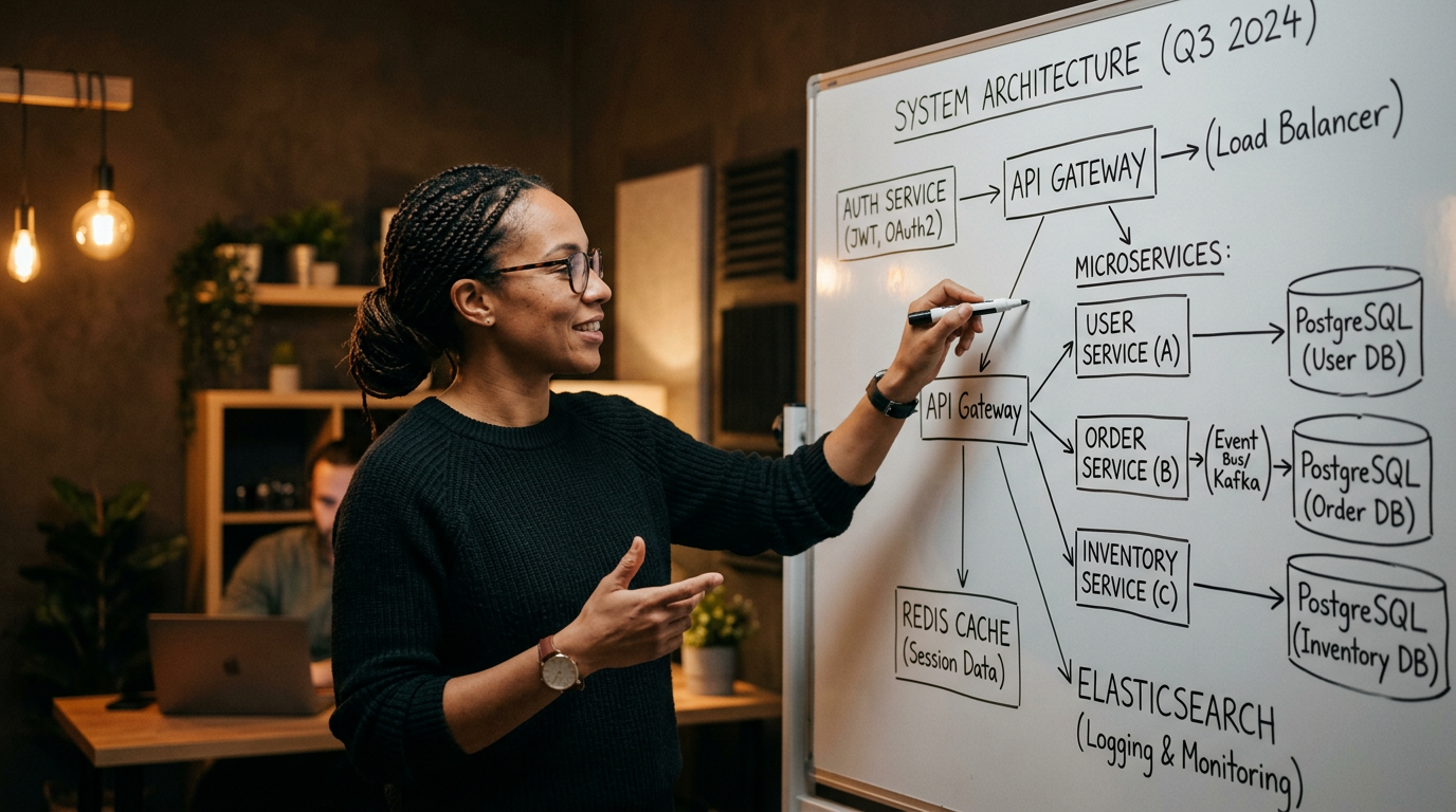 Custom development — team workshop and architecture diagram