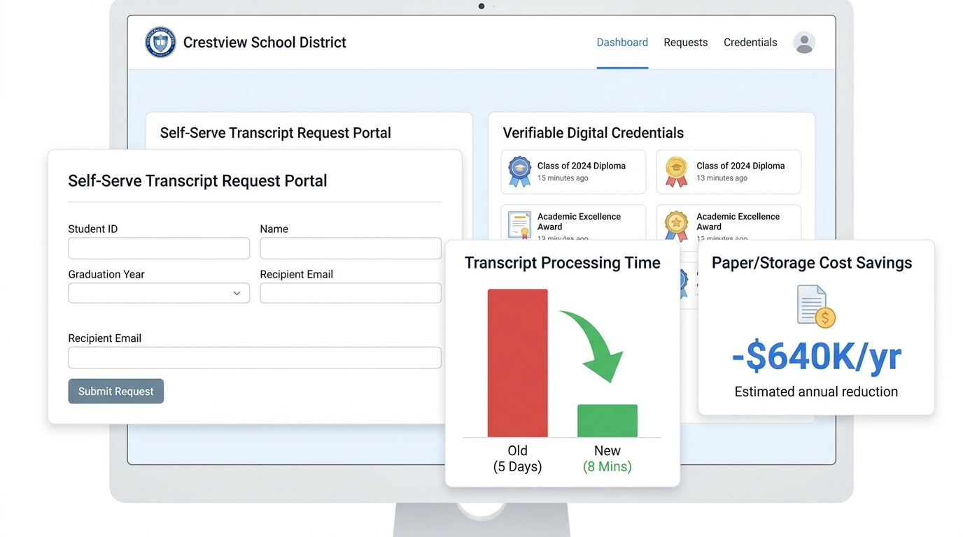 Crestview School District — Crestview School District cut transcript processing from 5 days to 8 minutes and saved $640K a year