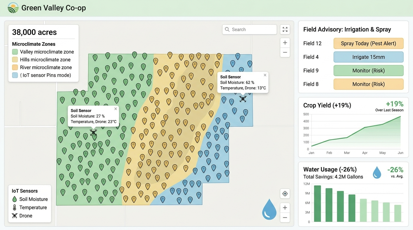 Green Valley Co-op — Green Valley Co-op lifted yield 19% and cut water use 26% with IoT field monitoring and precision advisory