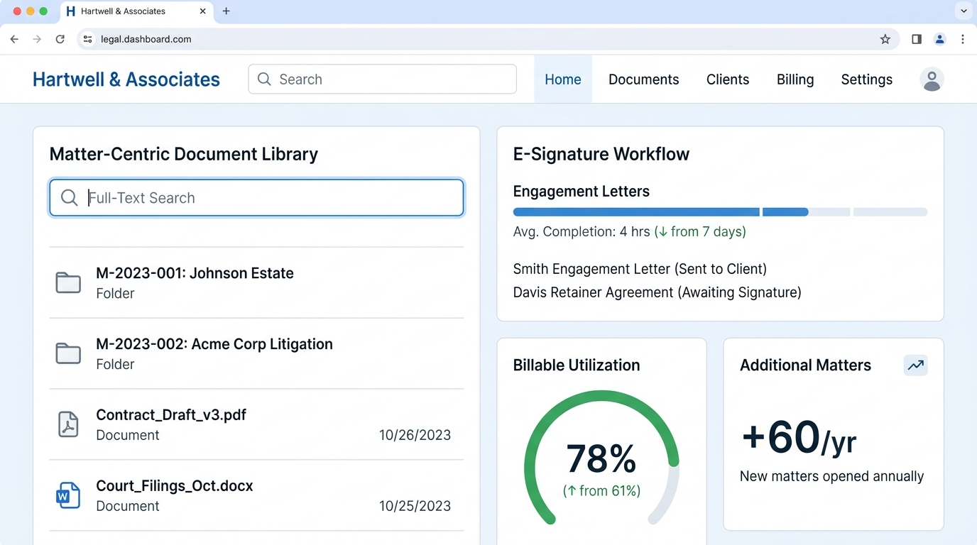 Hartwell & Associates — Hartwell & Associates cut document retrieval time 68% and added $1.4M in case capacity with a client portal and e-signature platform