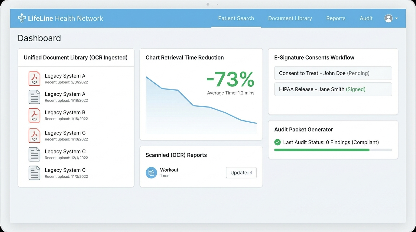 LifeLine Health Network — LifeLine Health Network cut chart retrieval time 73% and saved $1.8M a year with a unified medical records platform