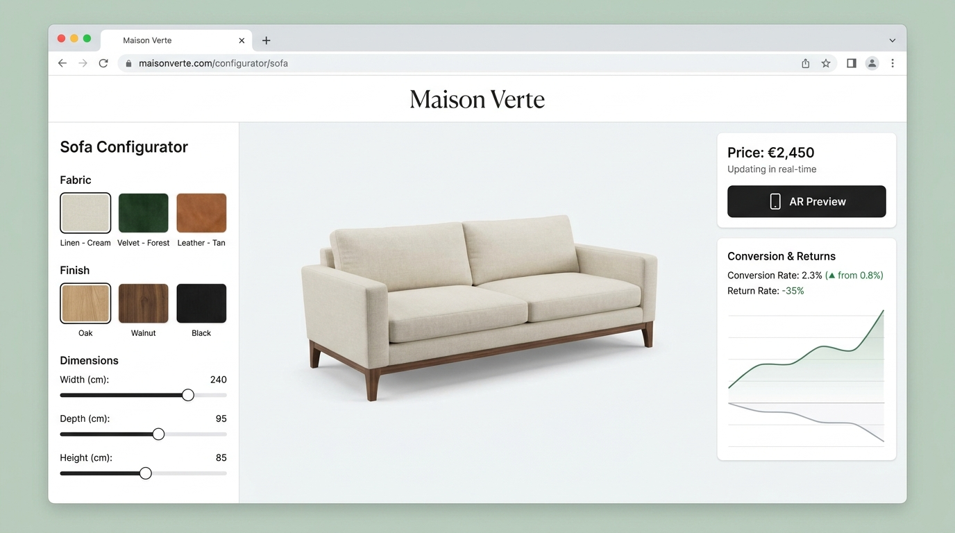 Maison Verte — Maison Verte lifted online conversion 41% and cut returns by 35% with a 3D product configurator