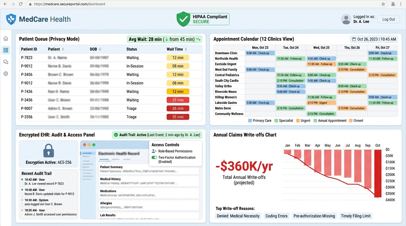 MedCare Health — MedCare Health reduced patient wait times by 38% and lifted revenue per visit with a HIPAA-compliant clinic platform