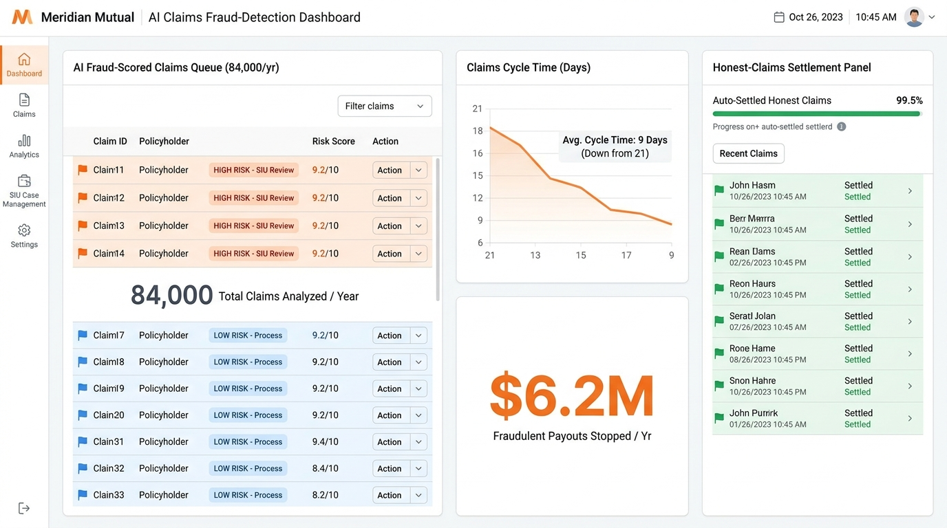 Meridian Mutual — Meridian Mutual stopped $6.2M in fraudulent claims and cut claims cycle time 39% with AI fraud detection