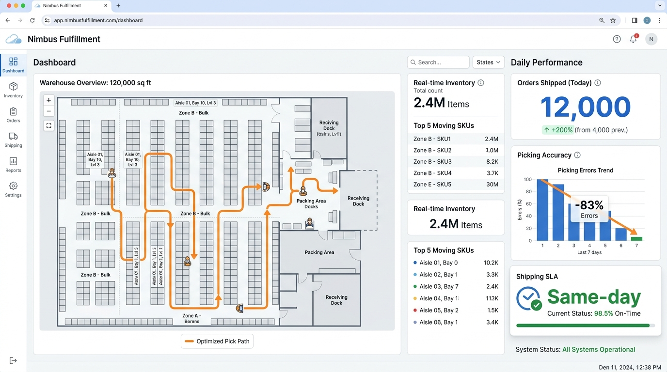 Nimbus Fulfillment — Nimbus Fulfillment tripled order throughput and cut picking errors by 83% with a real-time warehouse management system