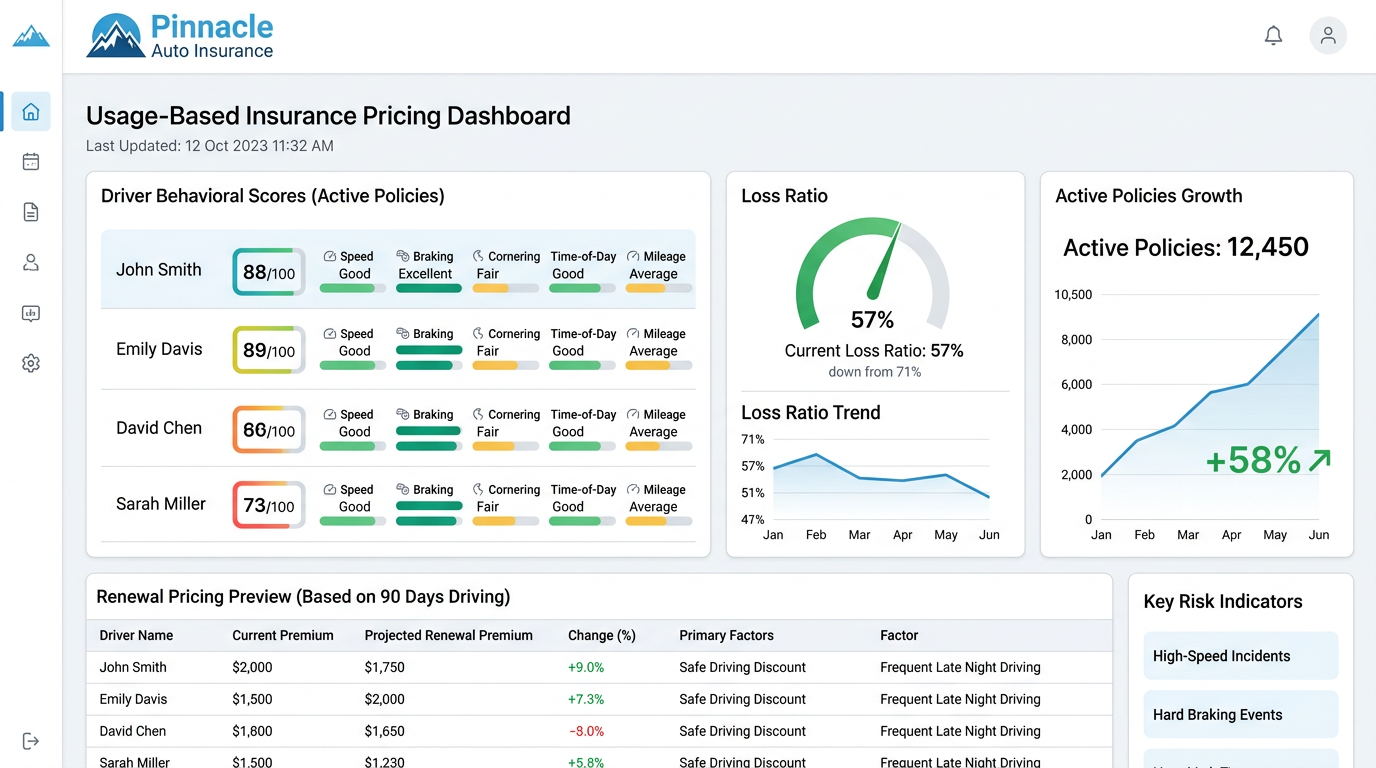 Pinnacle Auto Insurance — Pinnacle Auto Insurance grew policies 58% and cut loss ratio 14 points with usage-based telematics pricing