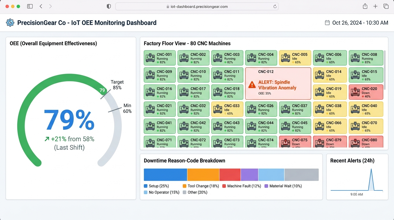 PrecisionGear Co — PrecisionGear Co lifted OEE from 58% to 79% by wiring 80 CNC machines into one IoT dashboard