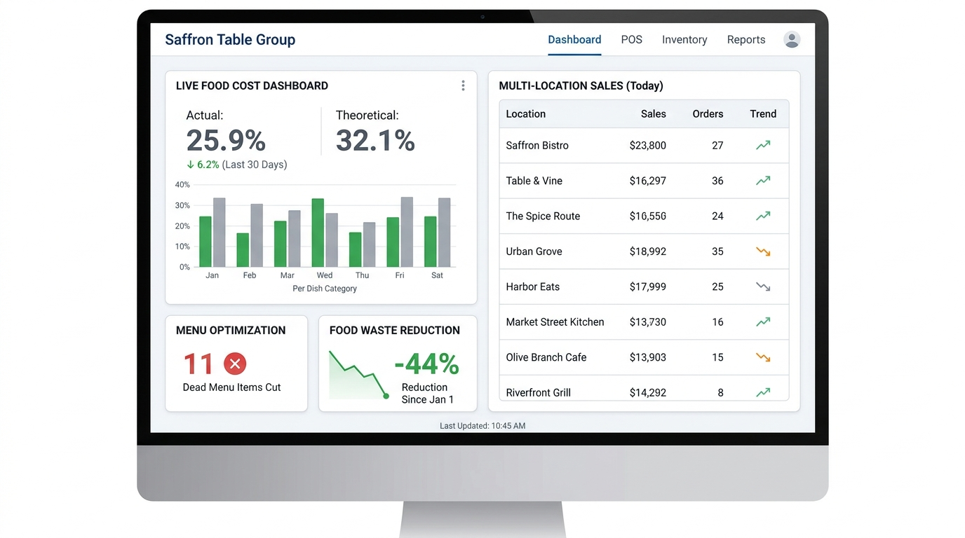 Saffron Table Group — Saffron Table Group cut food cost 6.2 points and added $1.4M with a POS and recipe-synced inventory