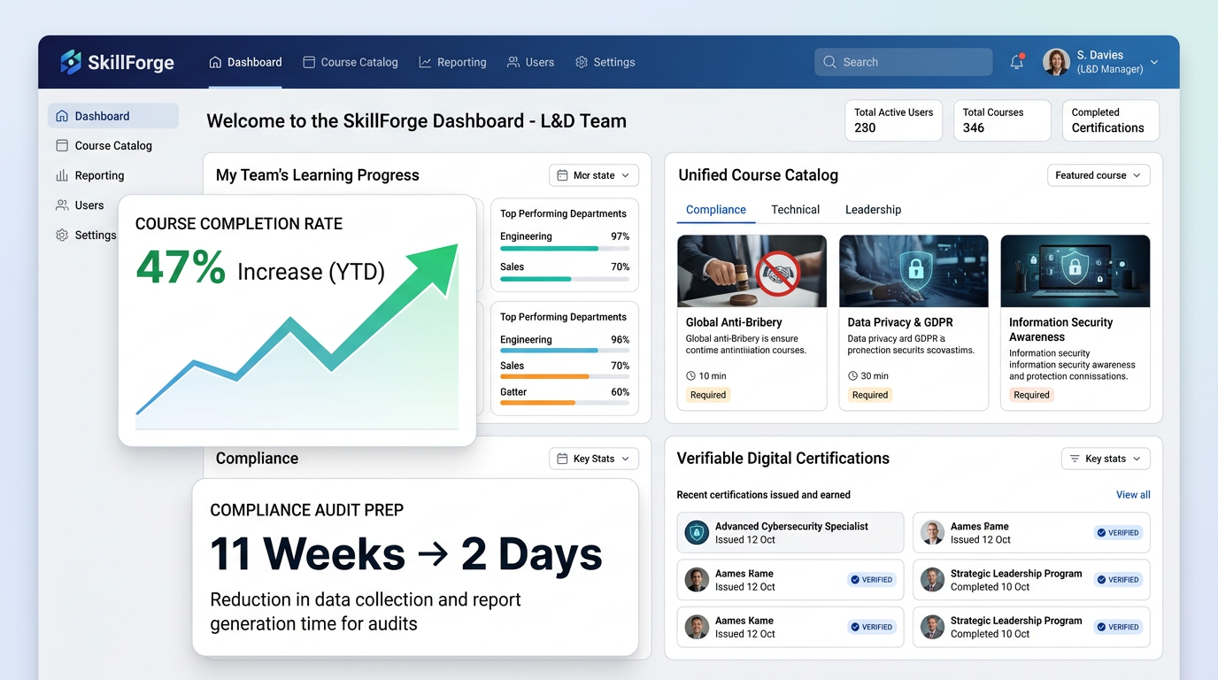 SkillForge L&D — SkillForge cut corporate training spend by $1.9M and lifted course completion 47% with a unified LMS