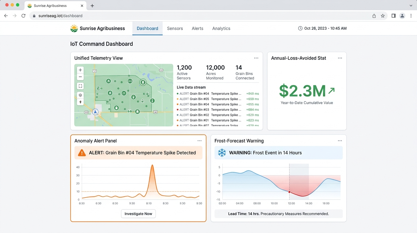 Sunrise Agribusiness — Sunrise Agribusiness saved $2.3M a year by wiring 1,200 sensors into one IoT field-monitoring dashboard